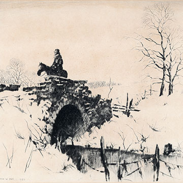 a black and white depiction of a horse and rider crossing a stone bridge in winter